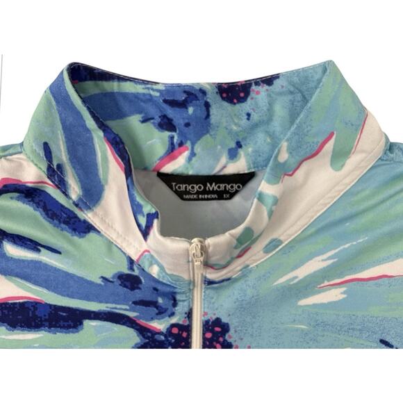 Tango Mango Top 1/4 Zip Mock Neck Mesh Sleeve White Blue Floral 1X - Picture 3 of 12